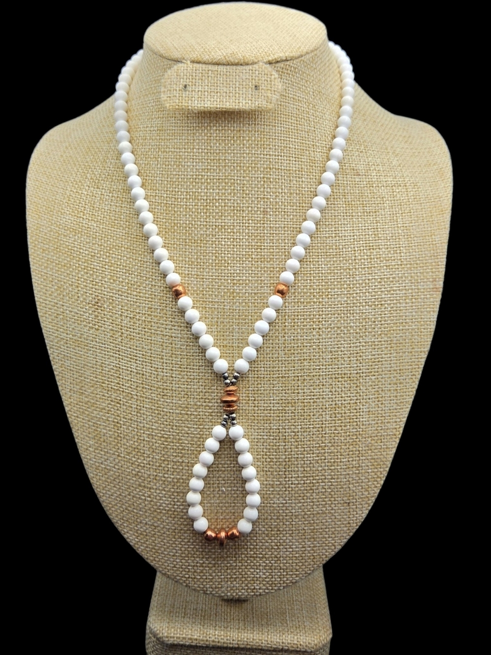 White Coral Beaded Teardrop Necklace with Copper And Silver 22in Plus